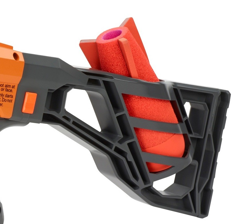 A Nerf shoulder stock detached from a blaster, showing the rail mount