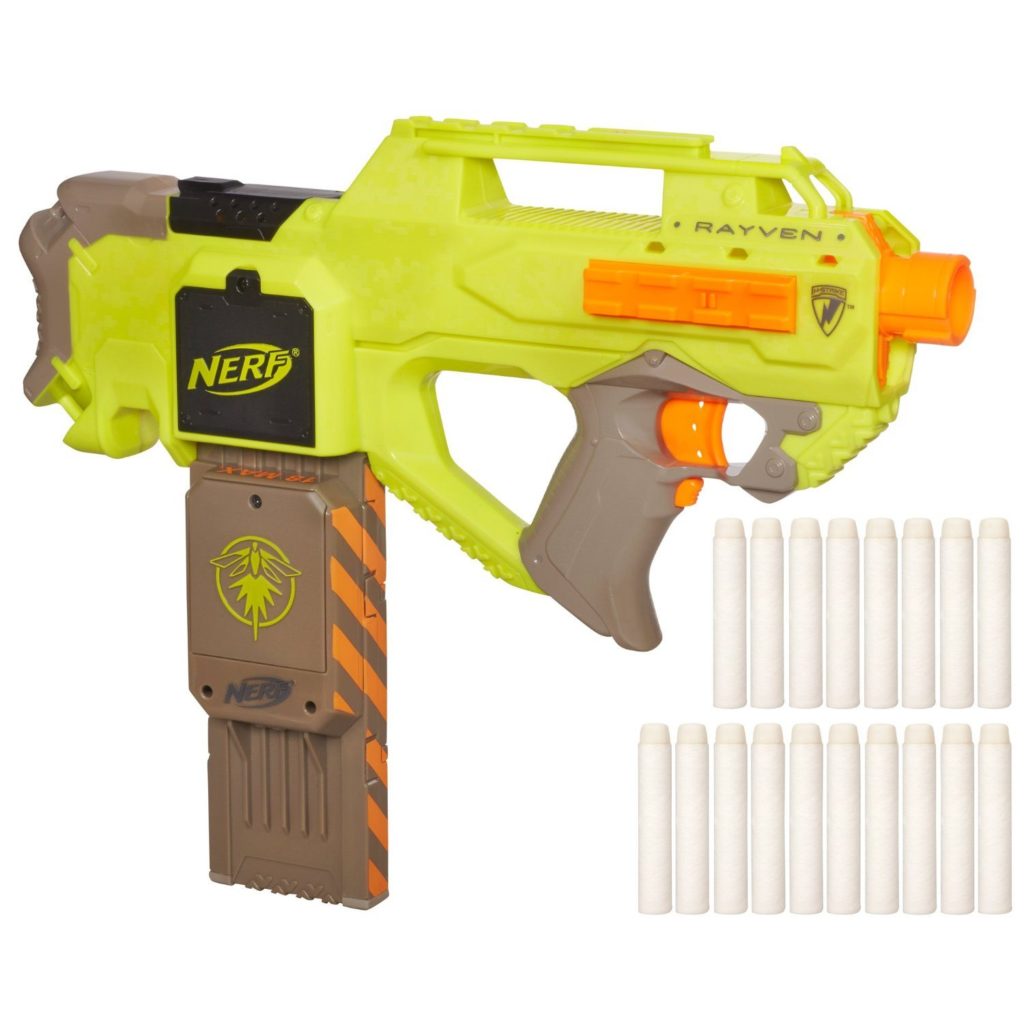 Nerf N-Strike Rayven CS-18 with its 18-dart glow clip fitted behind the grip