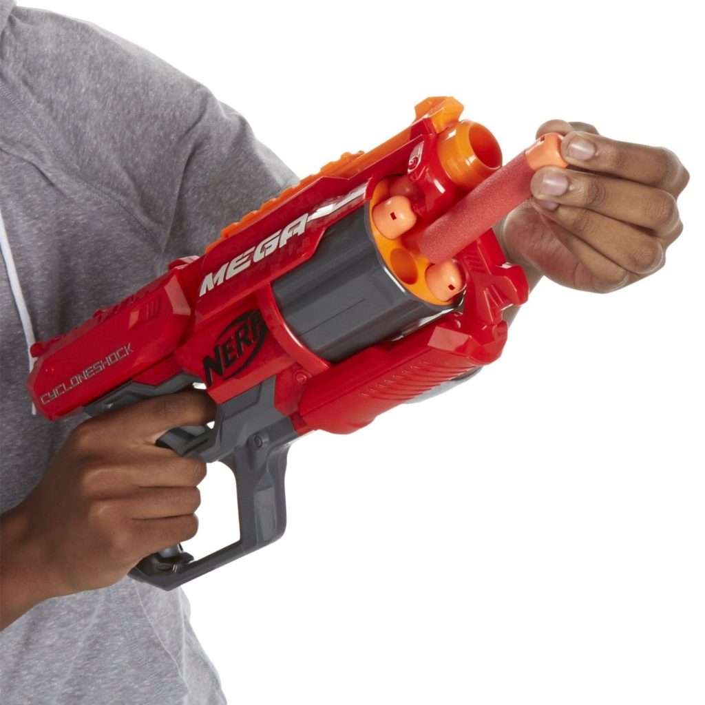 Nerf N-Strike Mega CycloneShock with its 6-dart rotating drum flipped out