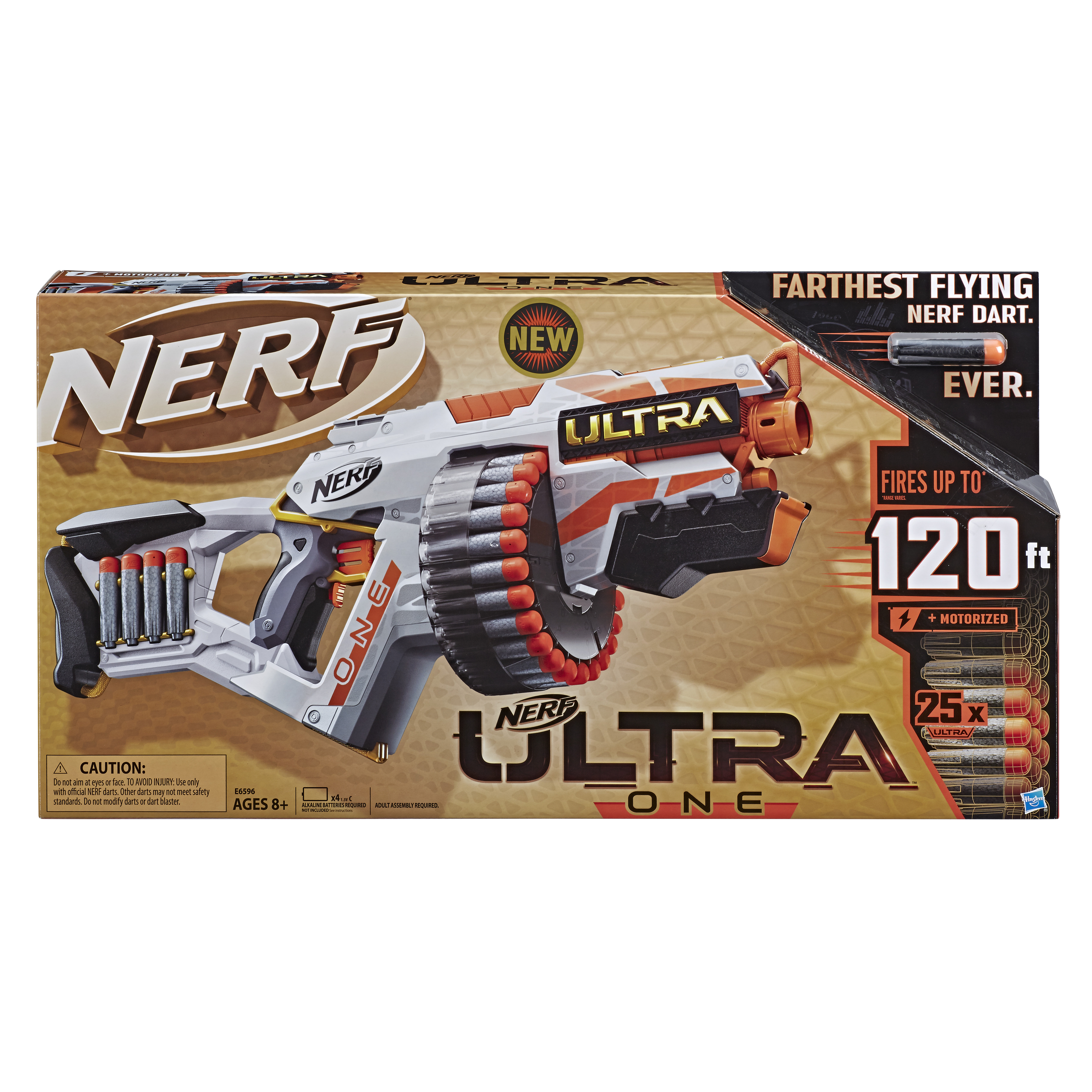 Nerf Ultra One motorised blaster with its 25 dart drum in the packaging