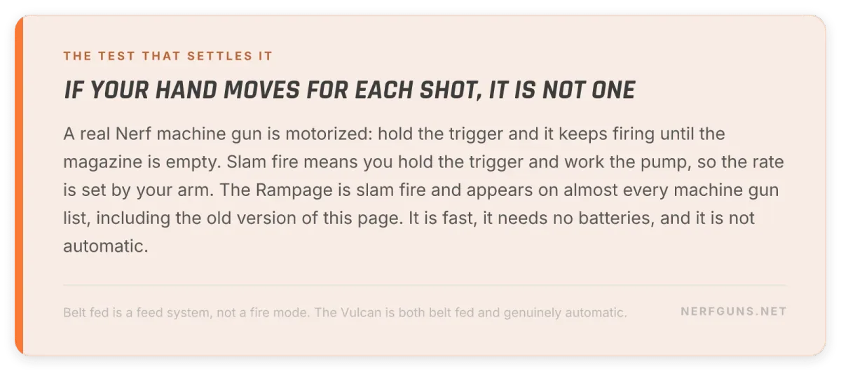Tip card: slam fire is not full auto, if your hand moves for each shot it is not a Nerf machine gun