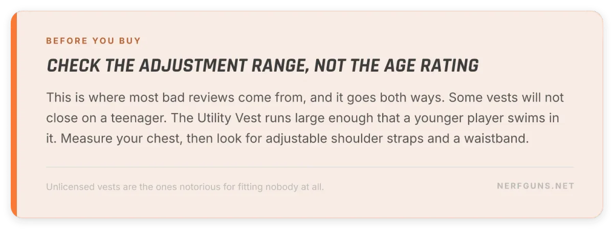Tip card: check a Nerf gun vest adjustment range rather than the age rating
