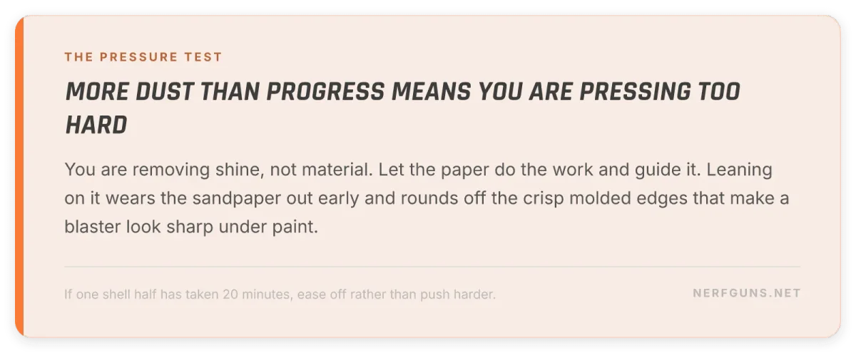 Tip card: more dust than progress means you are pressing too hard