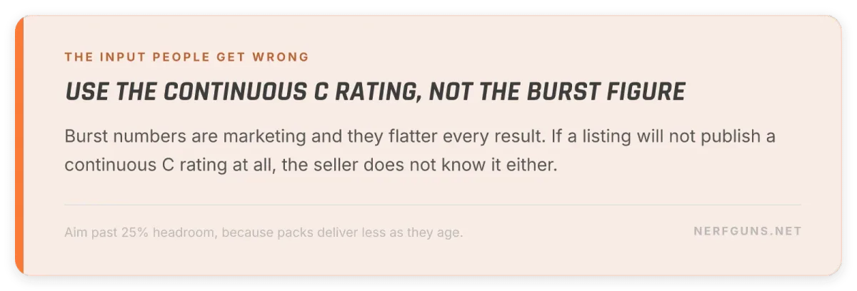 LiPo tip card: use the continuous C rating from the label, never the burst number