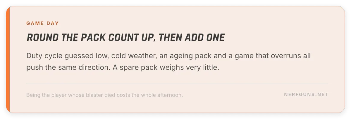 Field tip card: round the pack count up and carry one more than the runtime calculator says