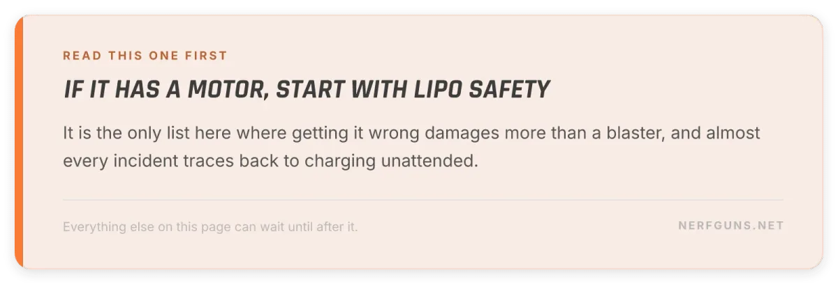 Tip card: read the LiPo safety checklist first if anything you own has a motor and a pack