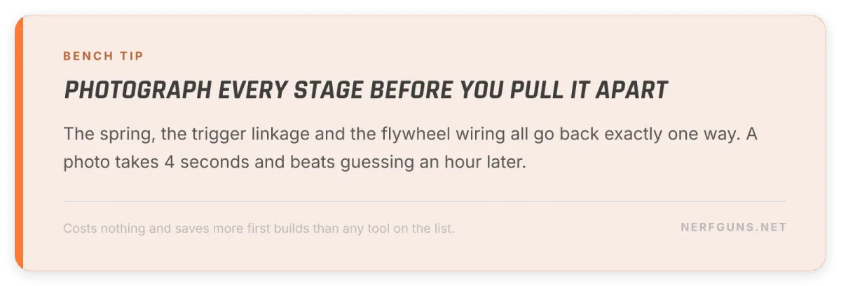 Field tip card: photograph every stage of a teardown before pulling the blaster apart