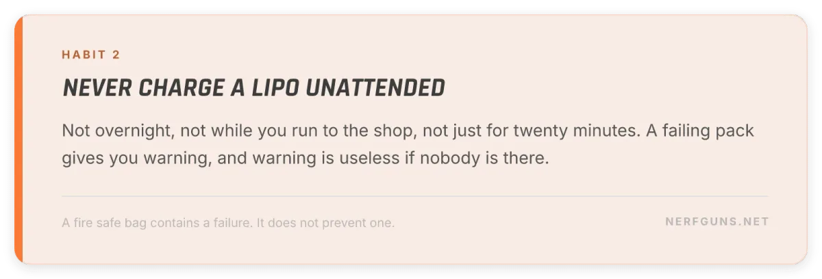 LiPo battery safety tip card: never charge a pack unattended, not overnight and not for twenty minutes
