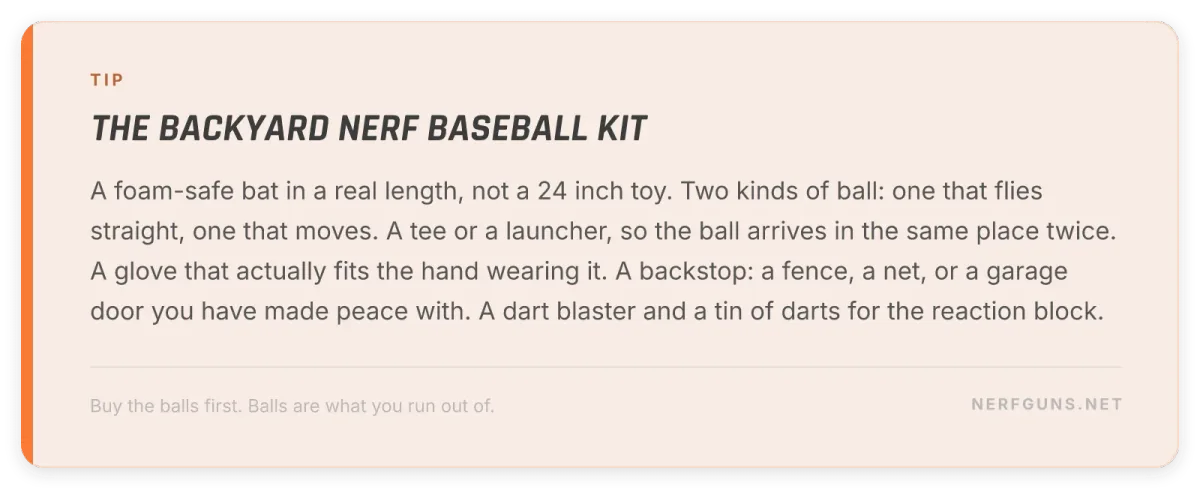 Checklist card: the 6 piece backyard Nerf baseball kit, from bat and balls to a dart blaster