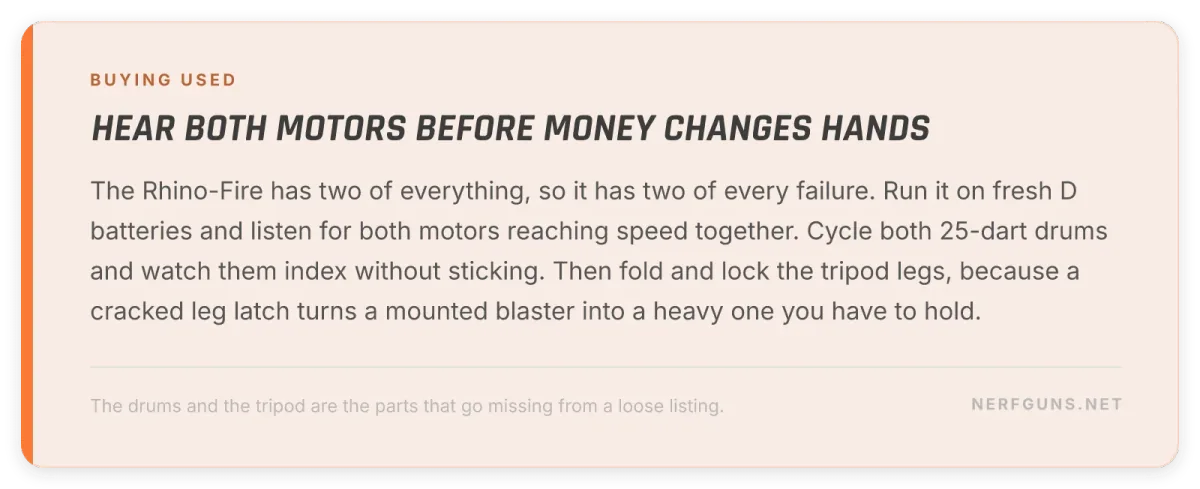 Tip card: buying a used Rhino-Fire, hear both motors spin, check both drums index and the tripod legs lock
