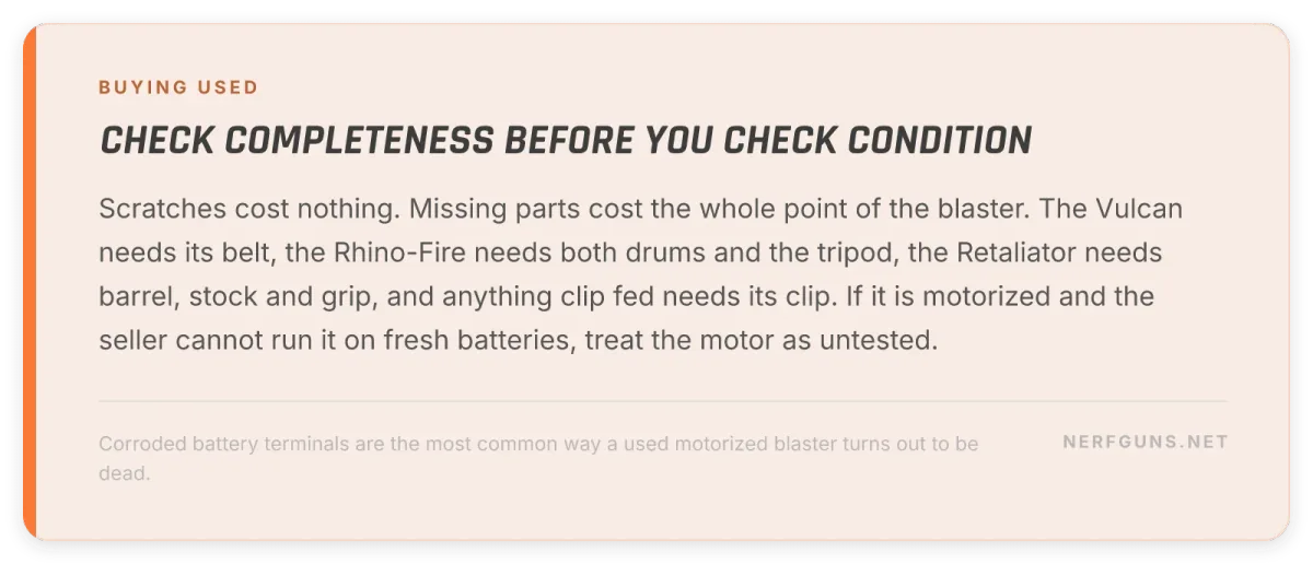 Tip card: check completeness before condition when you buy Nerf guns used, belts, drums, stocks, barrels and clips