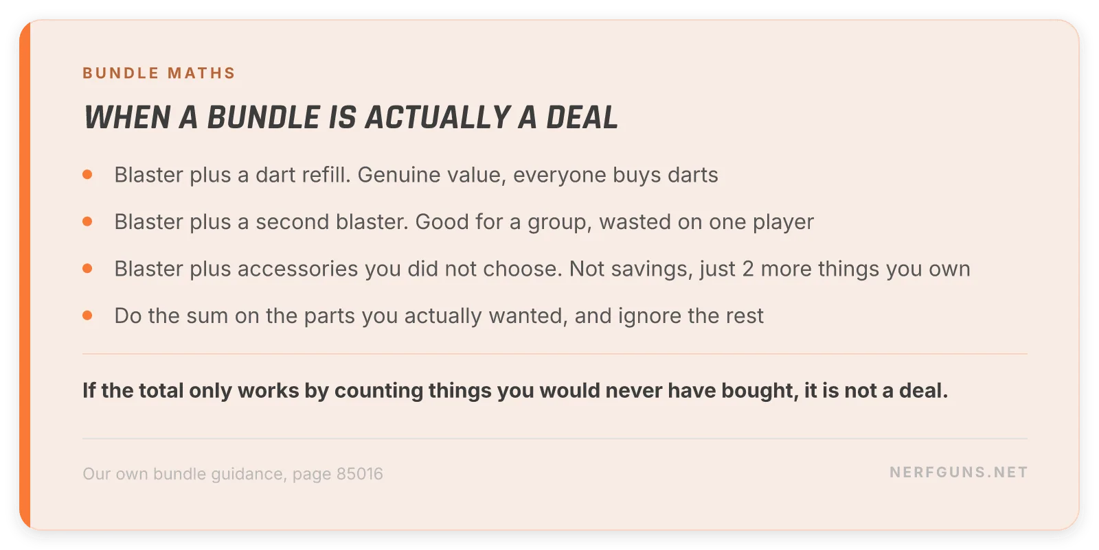 Tip card: when a Nerf bundle is actually a deal, blaster plus darts yes, blaster plus a second blaster for groups, blaster plus accessories you did not choose no