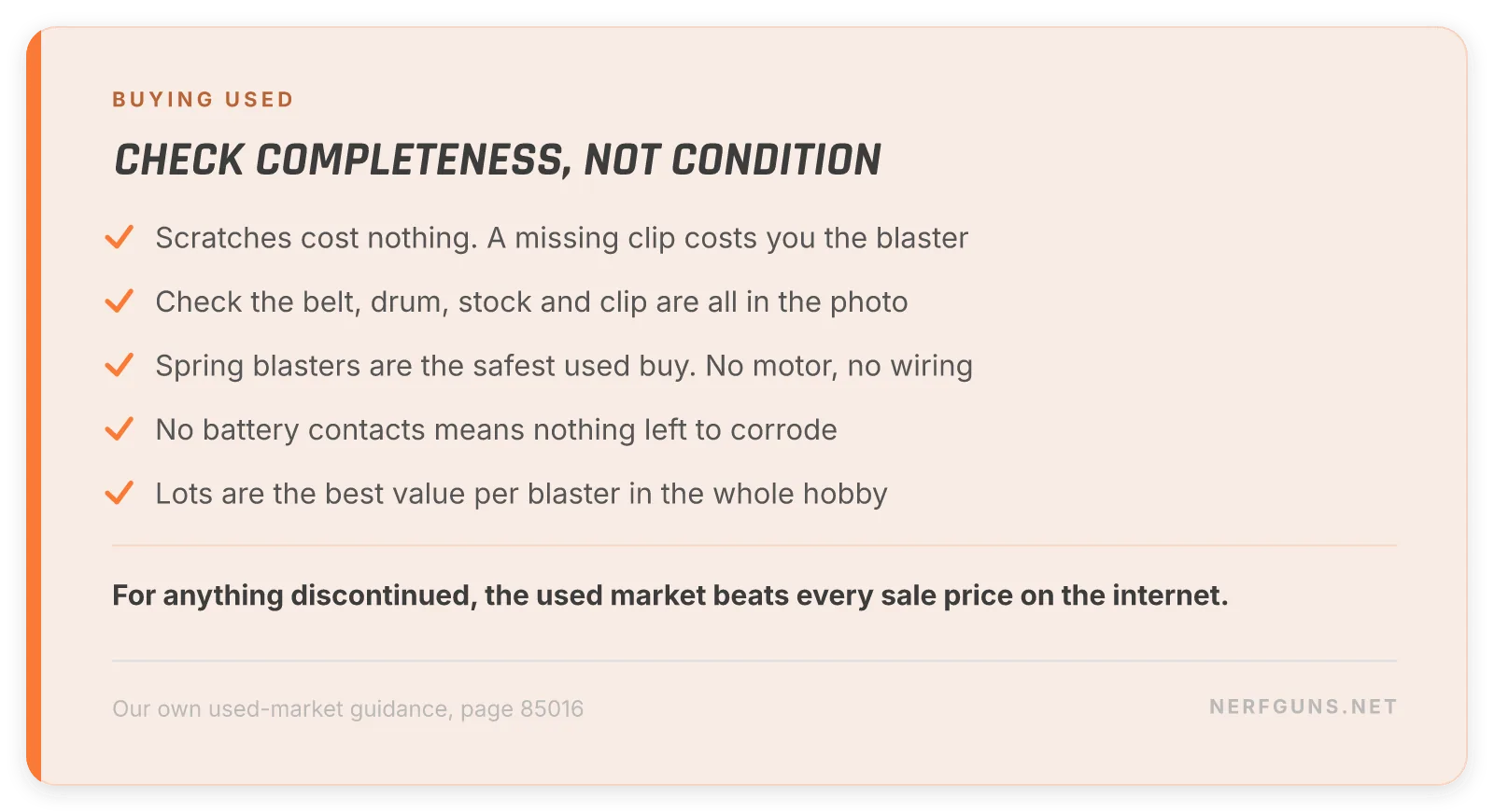 Checklist card: buying a used Nerf blaster, check completeness not condition, spring blasters are the safest used buy, lots are the best value per blaster