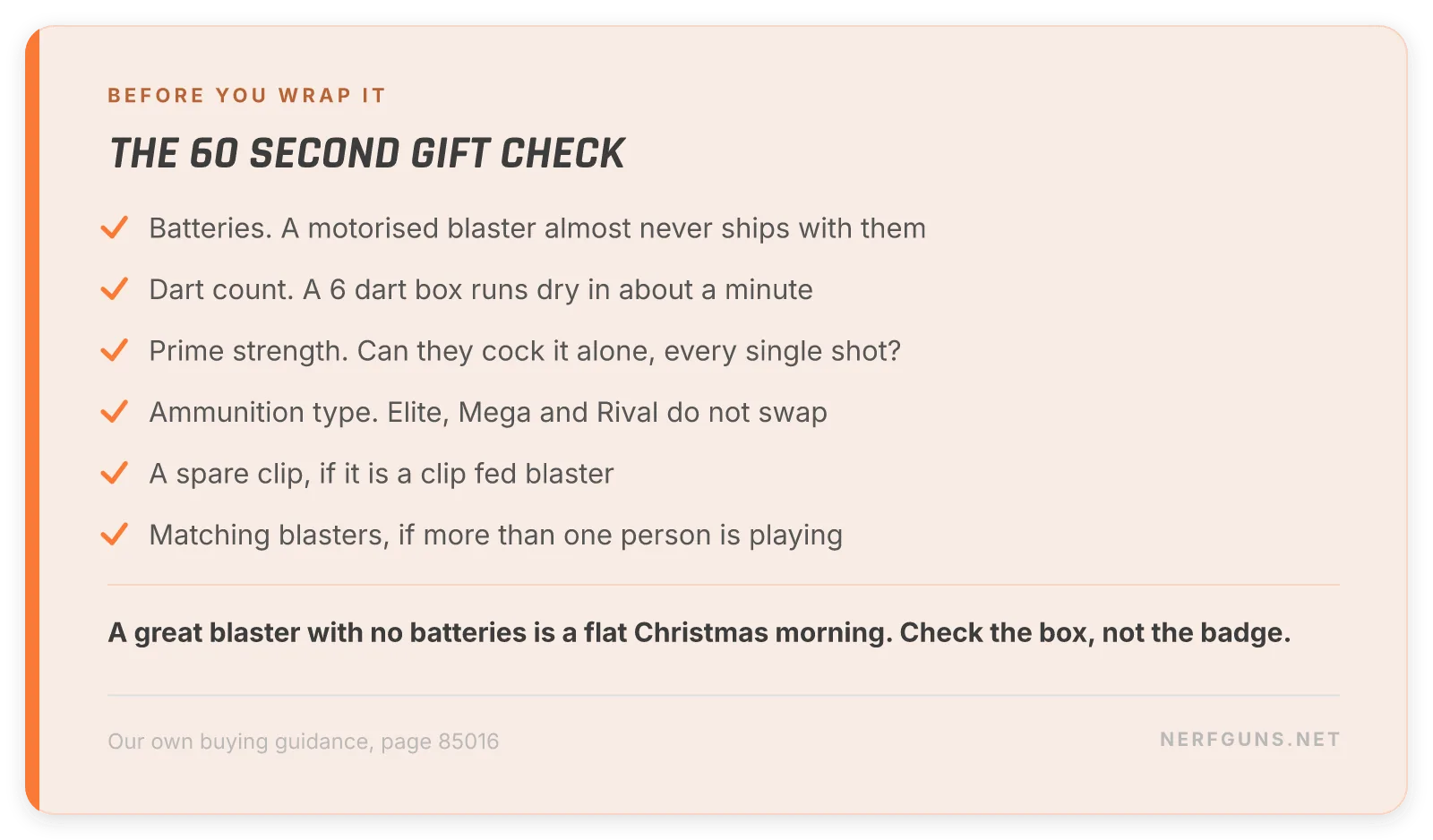 Checklist card: the 60 second Nerf gift check, batteries, dart count, prime strength, ammunition type, spare clips and matching blasters