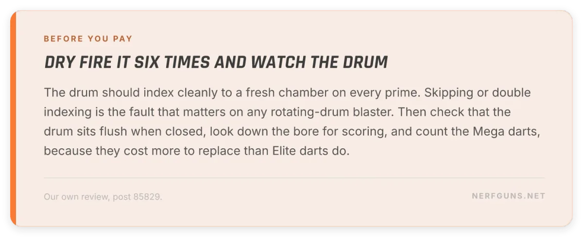 Tip card: buying a CycloneShock, dry fire six times to check drum indexing, confirm the drum closes flush