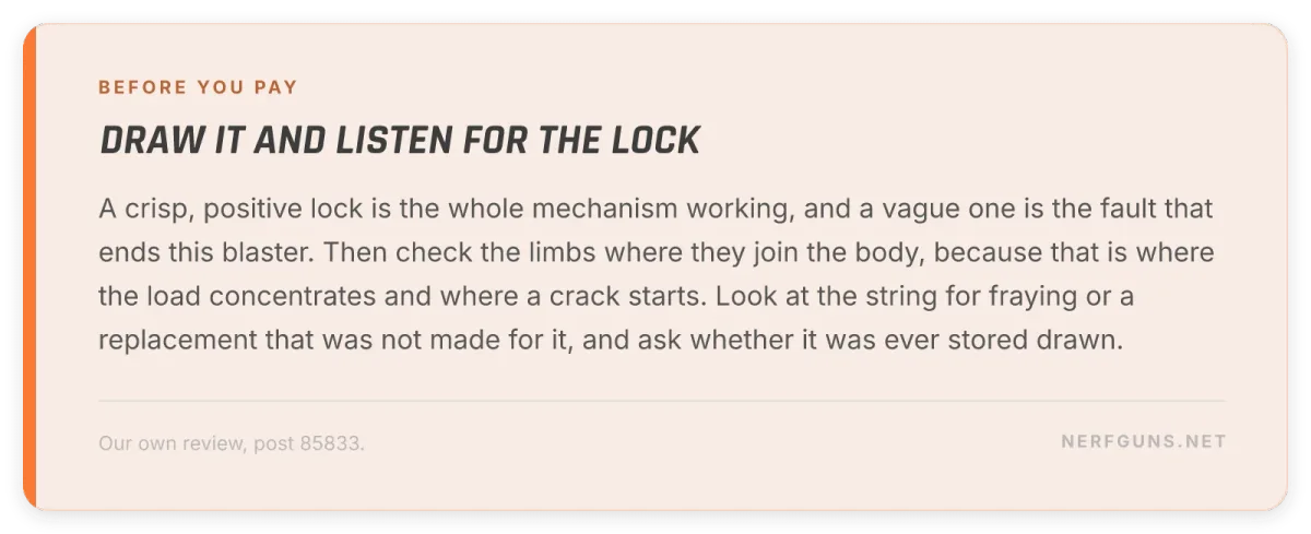 Tip card: buying a used CrossBolt, test the lock, inspect the limb joints and check the string for fraying