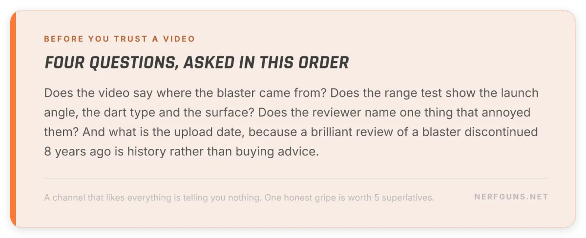 Tip card: how to judge a Nerf YouTube channel, sourcing disclosed, test setup shown, one honest gripe, upload date checked