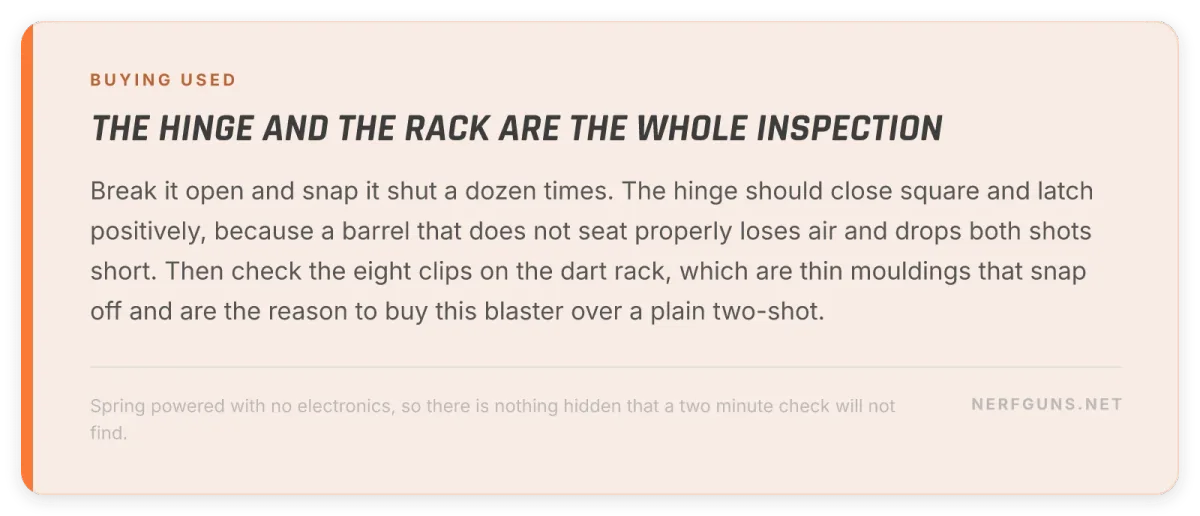 Tip card: buying a used Barrel Break IX-2, check the hinge closes square and the dart rack clips are intact