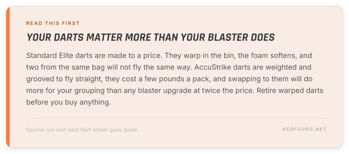 Tip card: AccuStrike darts improve grouping more than any blaster upgrade at twice the price