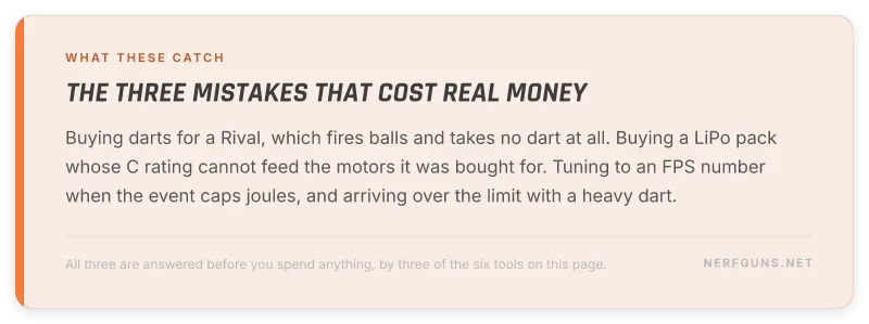 Tip card naming three costly Nerf buying mistakes the calculators catch
