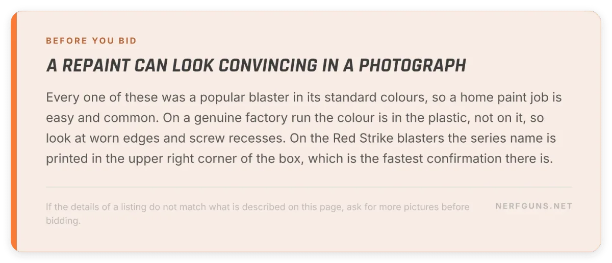 Tip card: spotting a home repaint, check the box corner for the Red Strike name and look for moulded-in colour