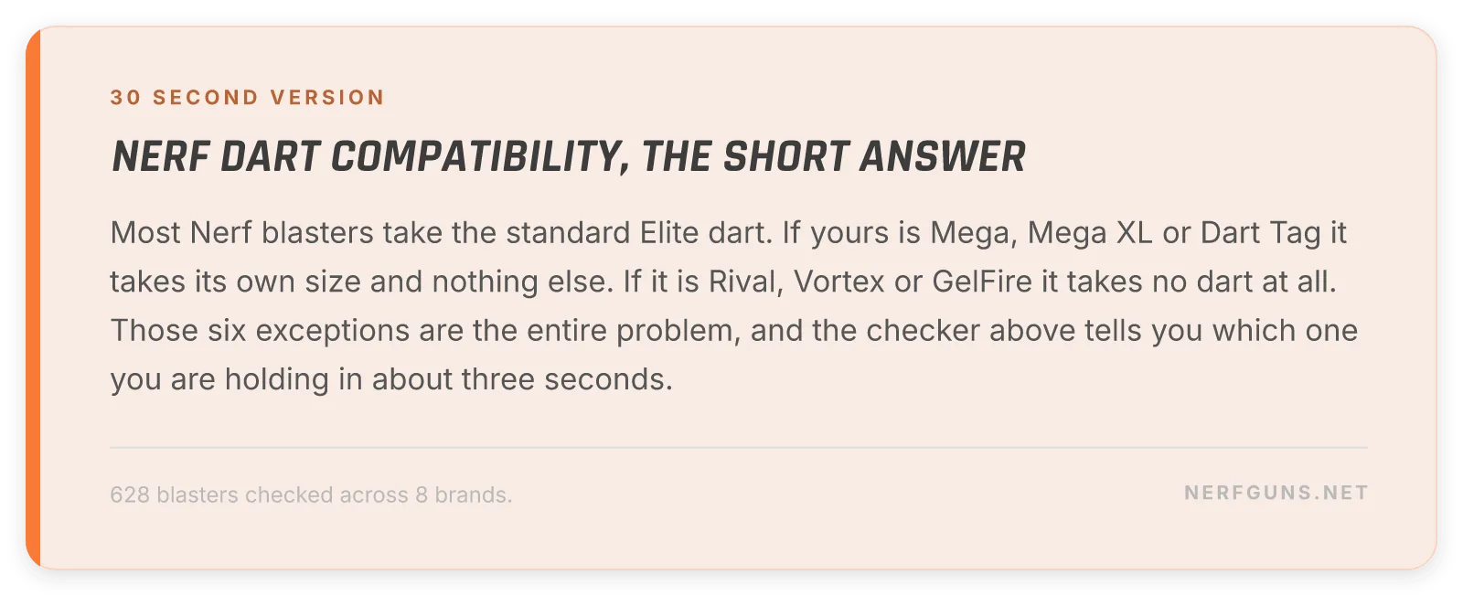 Nerf dart compatibility summary card naming the six exceptions