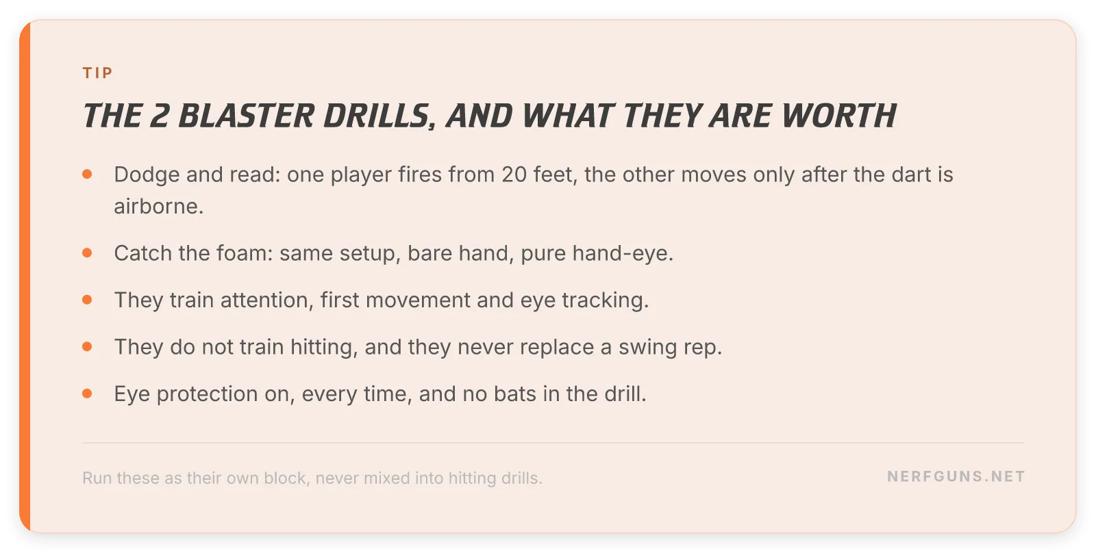 Checklist card: the 2 Nerf blaster reaction drills and the honest limit on what they train