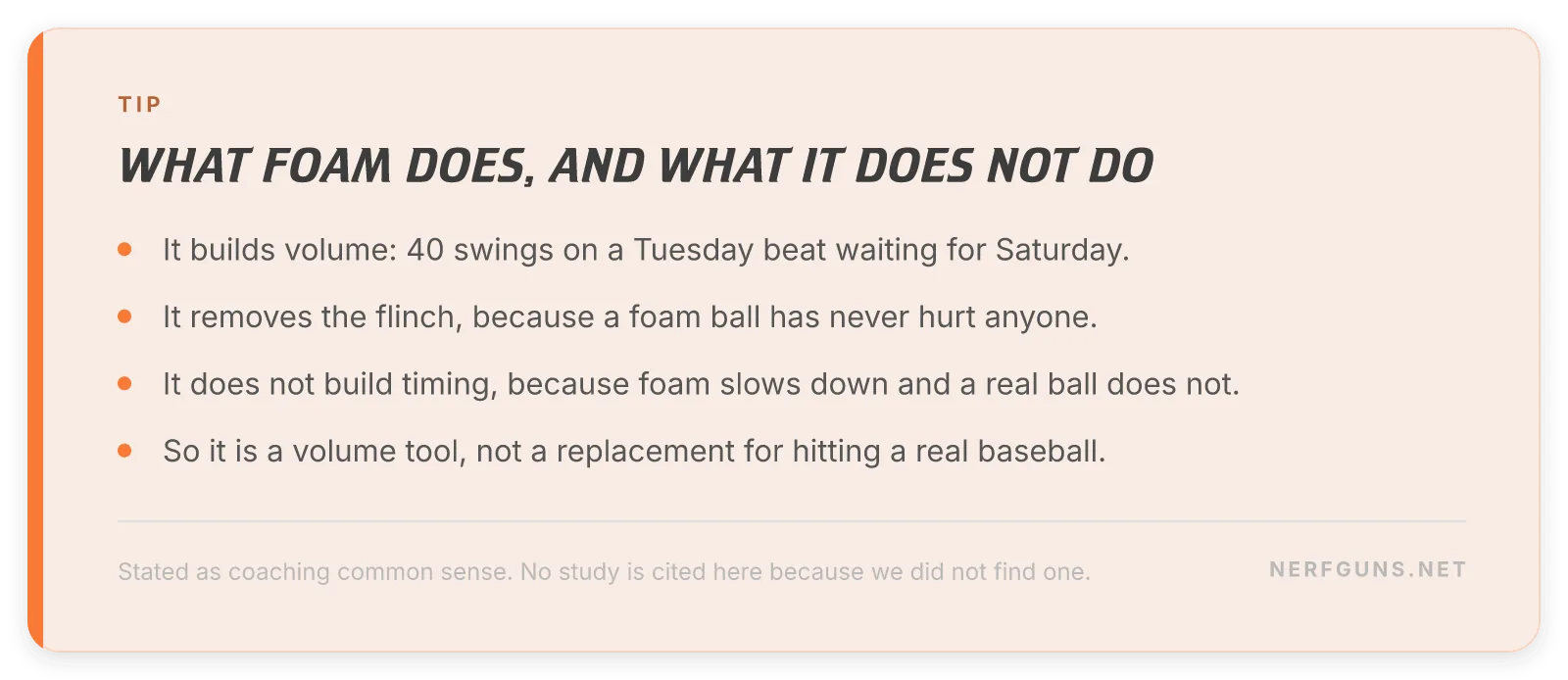 Rules card: foam builds swing volume and removes the flinch, it does not build timing
