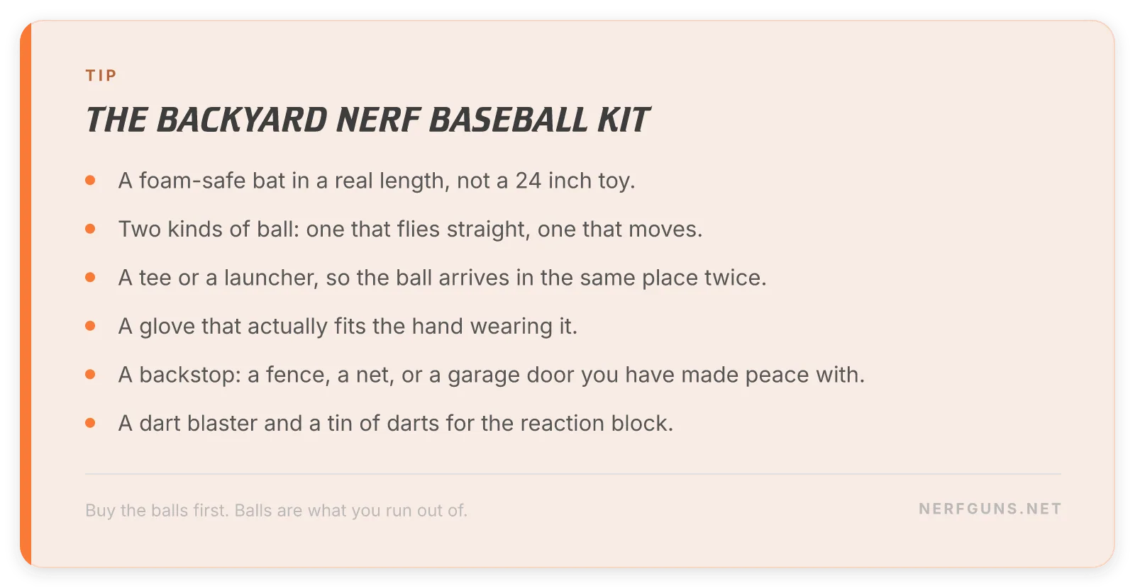 Checklist card: the 6 piece backyard Nerf baseball kit, from bat and balls to a dart blaster