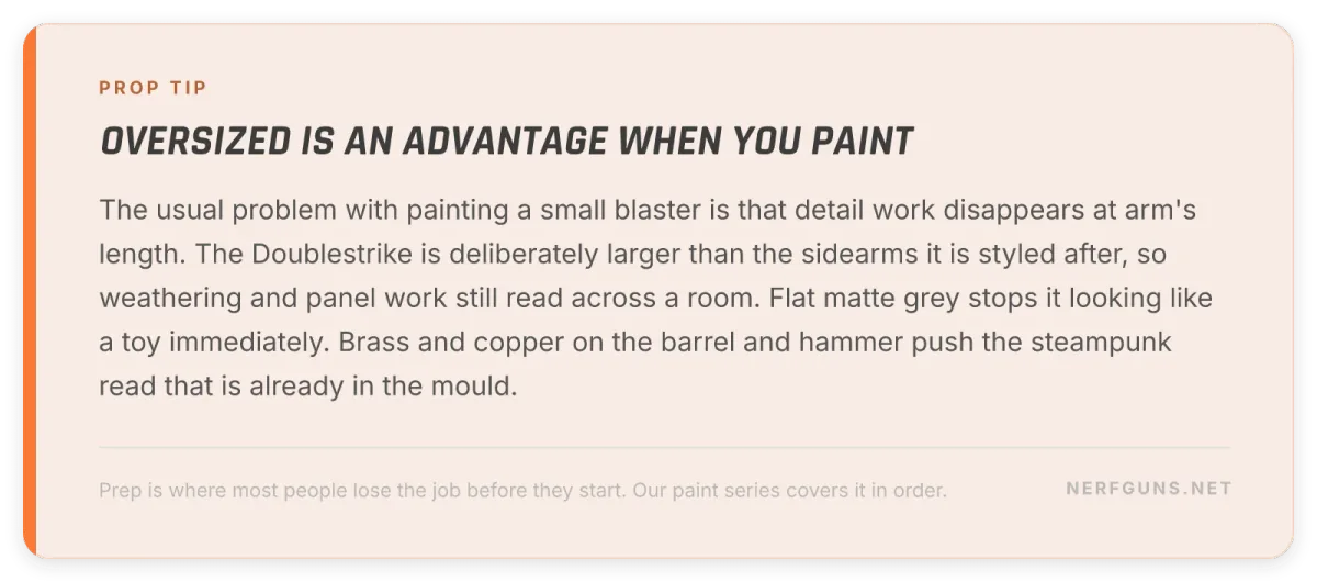 Tip card: painting a Doublestrike, its oversized body makes detail read at a distance, matte grey or brass both work