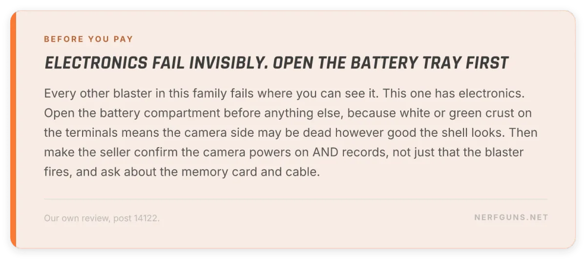 Tip card: buying a used Elite Cam ECS-12, check the battery terminals for corrosion and confirm the camera records