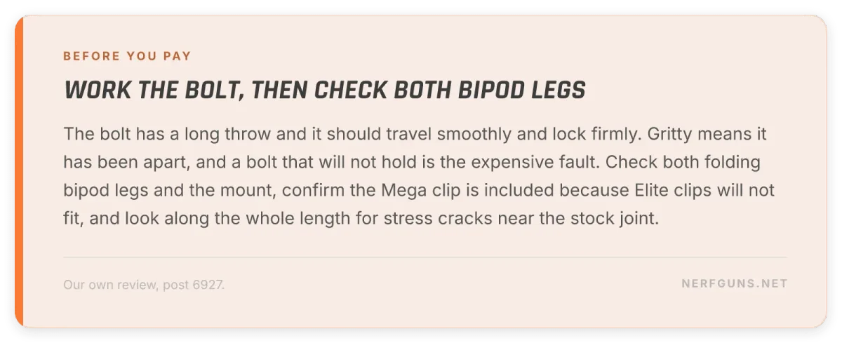 Tip card: buying a used Centurion, test the bolt throw and lock, check both bipod legs and the Mega clip
