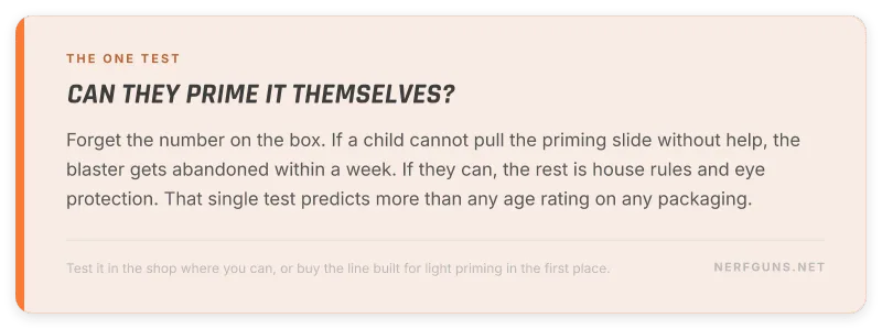 Tip card: the test for a first Nerf blaster is whether the child can prime it themselves