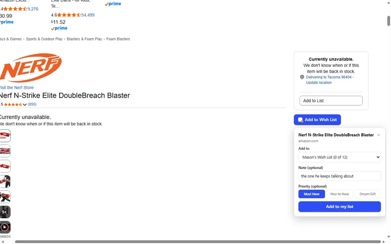 Screenshot of choosing a wish list and priority when saving a blaster with the extension