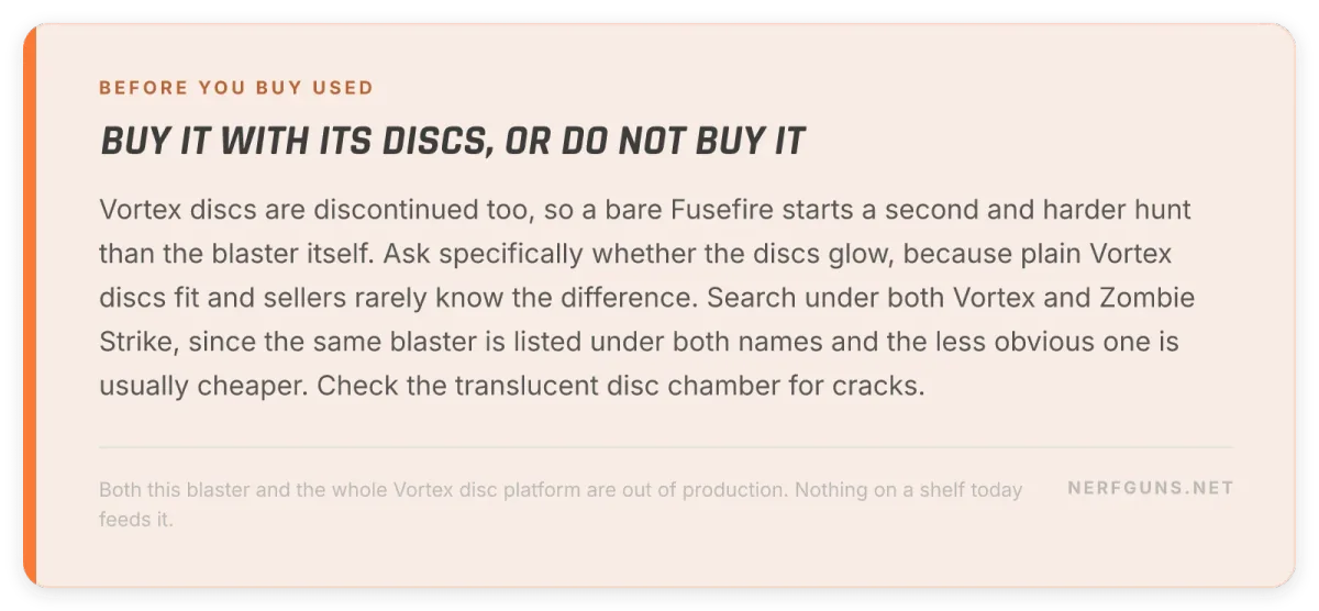 Tip card: buying a Fusefire used, buy it with discs, ask if they glow, search both line names