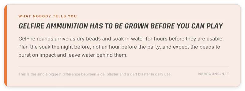 Card explaining GelFire gel rounds must soak in water for hours before play