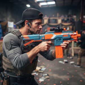 Gunner Vance working on a Nerf blaster at the bench