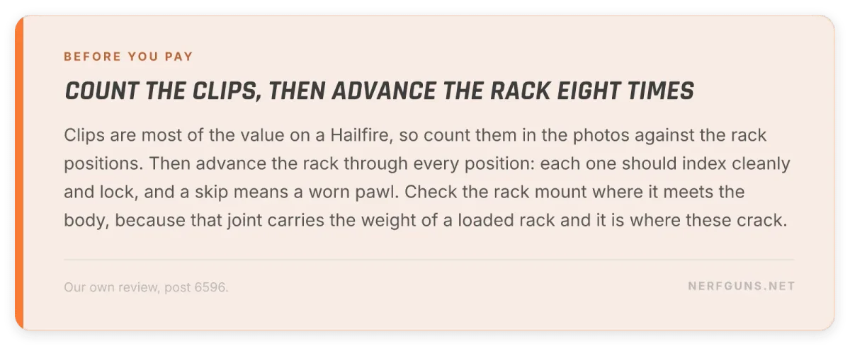 Tip card: buying a used Hailfire, count the clips and advance the rack through all eight positions
