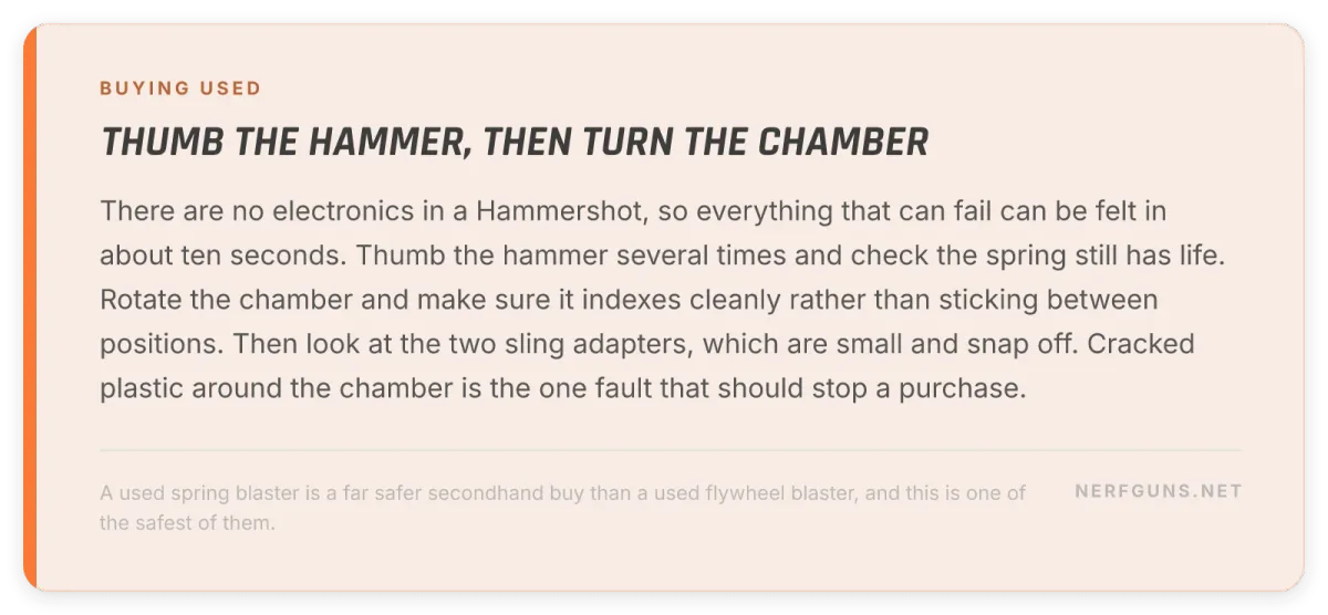 Tip card: buying a used Hammershot, thumb the hammer for spring life and check the chamber indexes cleanly