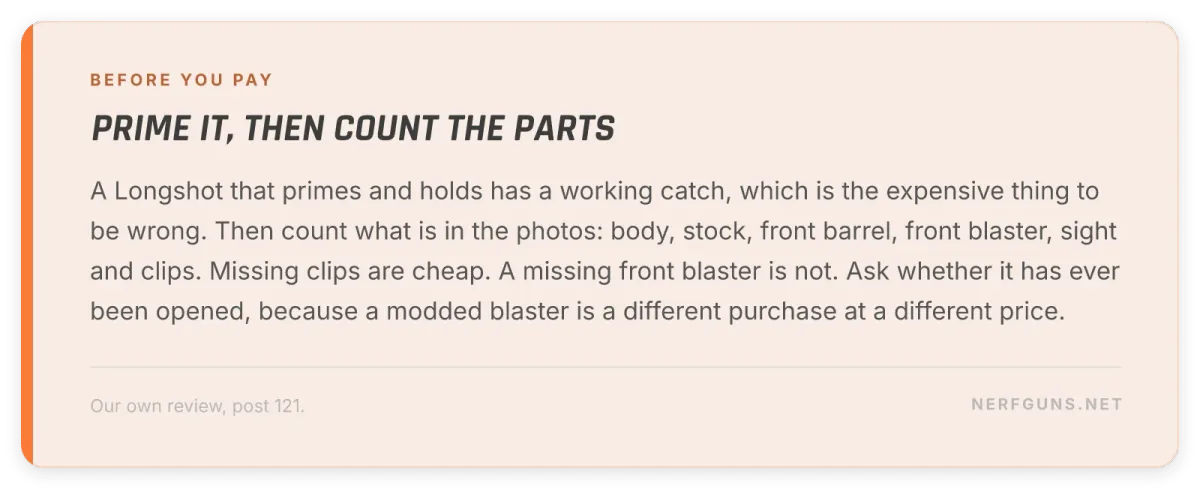 Tip card: buying a used Longshot, prime it to test the catch and count the stock, barrel, front blaster, sight and clips