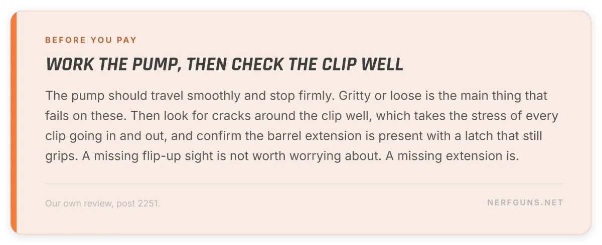 Tip card: buying a used Longstrike, test the pump stroke, check the clip well for cracks and confirm the barrel extension