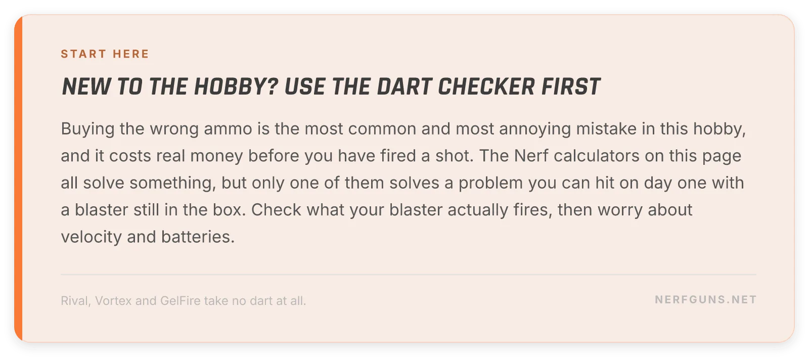 Nerf calculators tip to use the dart compatibility checker first