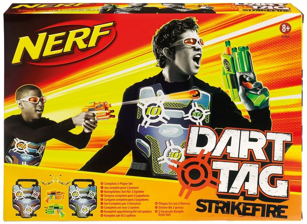 Nerf Dart Tag Strikefire 2-player set box, showing two blasters, two scoring vests, safety glasses and darts
