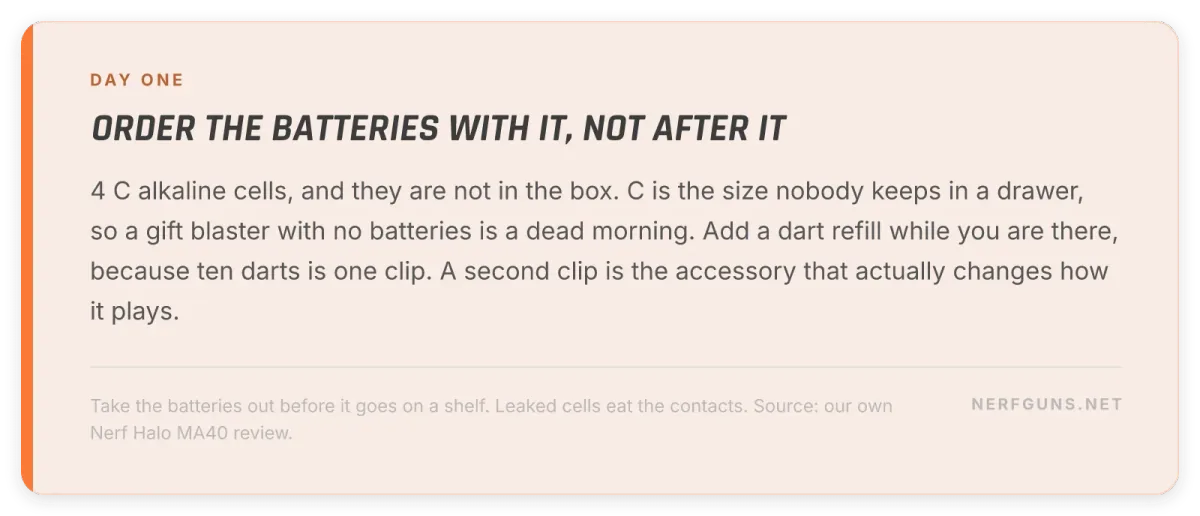 Tip card: order 4 C batteries and a dart refill with the blaster, add a second clip