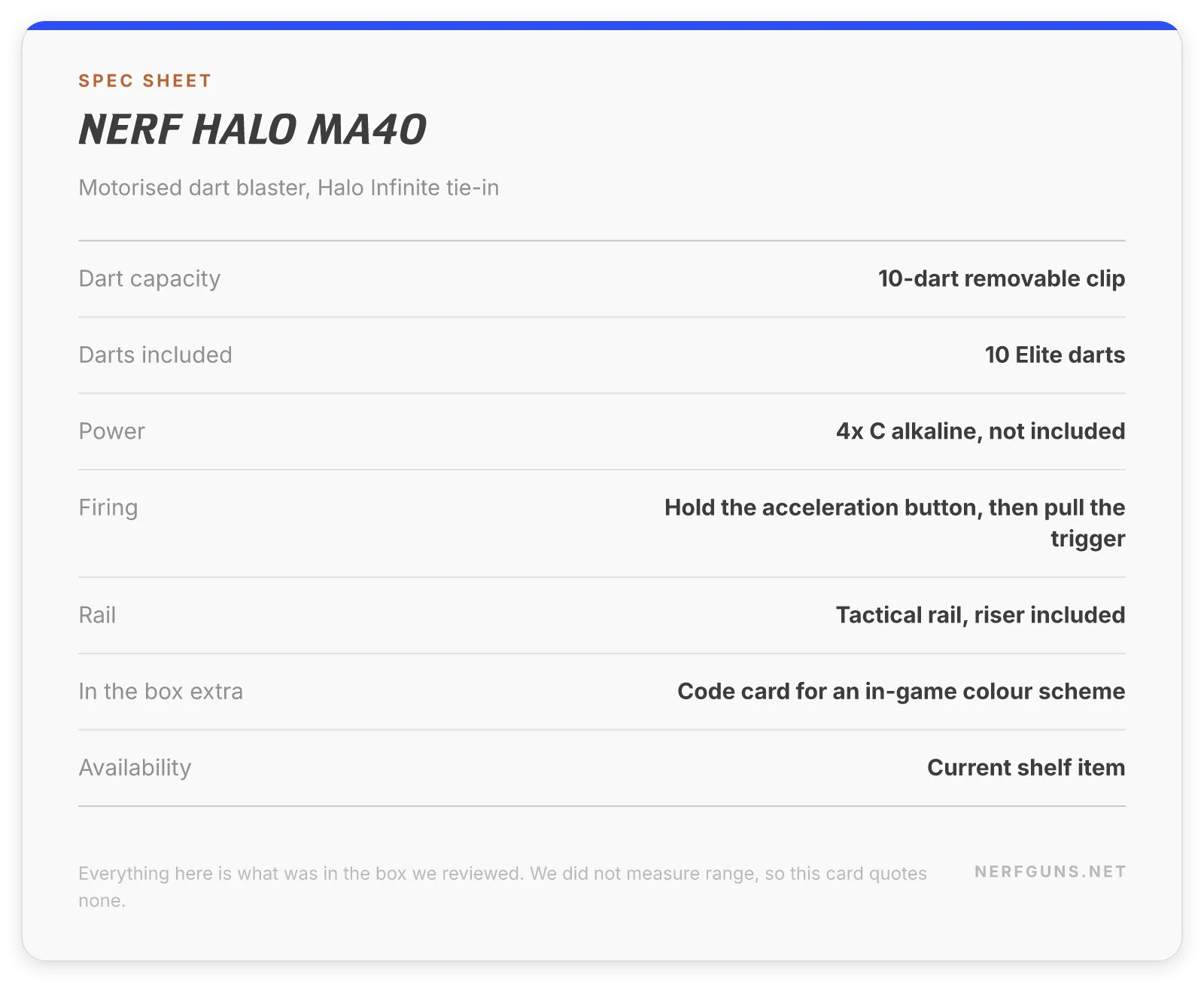 Spec card: Nerf Halo MA40, 10-dart clip, four C batteries not included, code card included, current shelf item