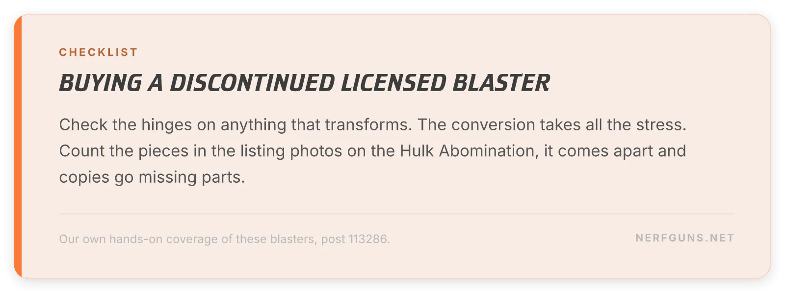 Checklist card: buying a discontinued licensed Nerf blaster, check hinges, count pieces, budget batteries separately