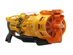 Yellow and orange Nerf Doomlands The Judge with its 30 dart drum