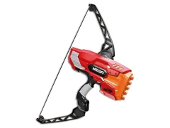 Red Nerf Mega ThunderBow with its drawstring and Mega darts
