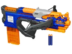 Blue and orange Nerf N-Strike Elite Crossbolt with its clip and darts