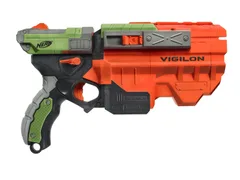 Green and orange Nerf Vortex Vigilon, a disc firing blaster